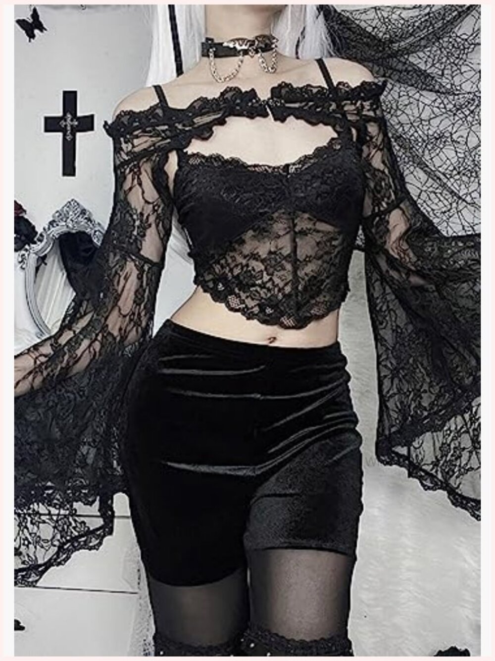Gothic Long Sleeve Crop Top Lace Shrug Grunge Y2k Party Top - Picture 2 of 3